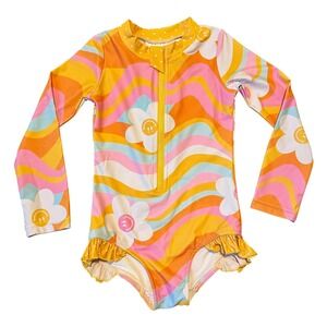 NWT Oopsie Daisy Kids Size 4 Zip Rash Guard One Piece Swimsuit Retro Wave Flower